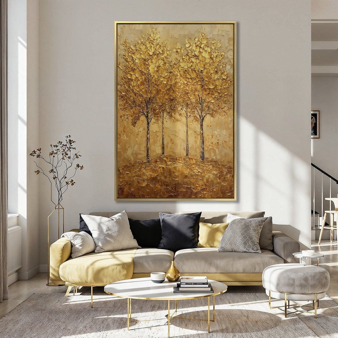 Canvas Print featuring textured gold tree art, perfect for adding warmth and style to any space. Warm, earthy tones.