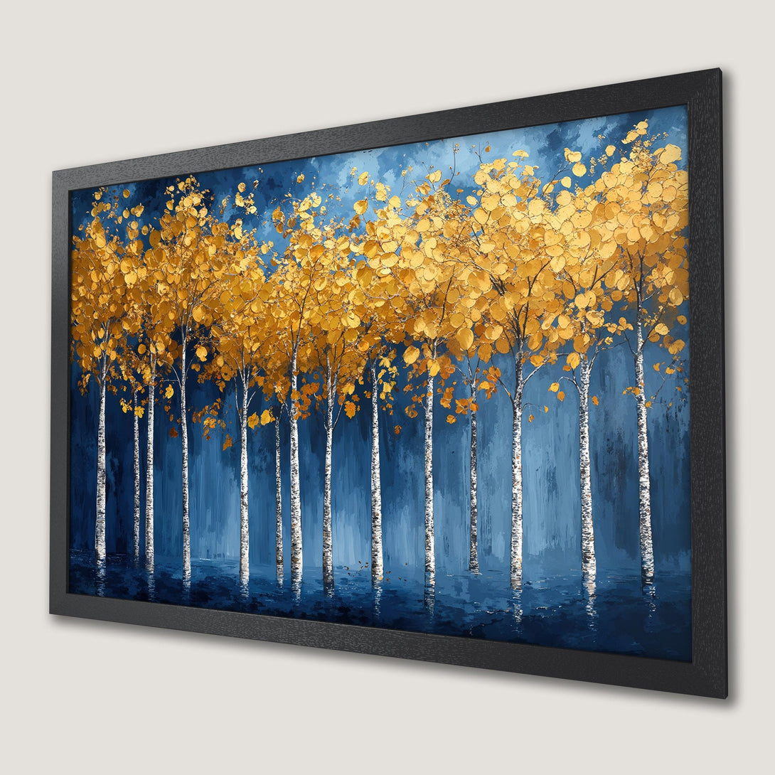 Framed Poster featuring golden trees in an impressionist style, set against a deep blue background. Adds warmth & sophistication to any space.