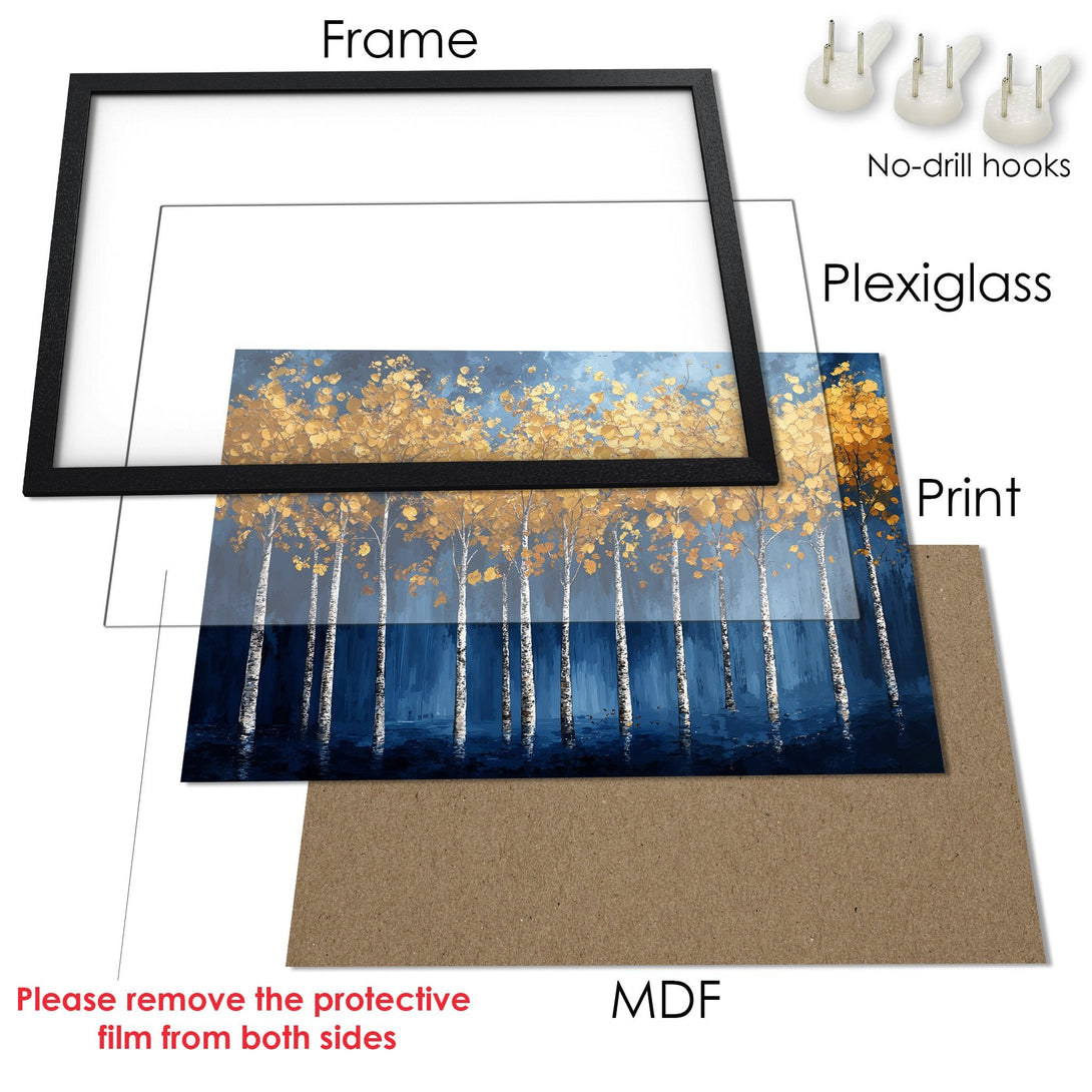 Framed Poster featuring a serene forest scene in blue and gold. Perfect art for any space!