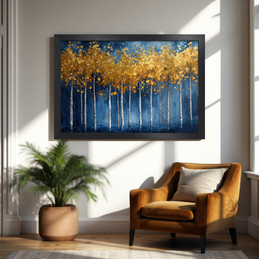 Framed Poster featuring golden trees against a deep blue backdrop. Modern art style, warm color palette for home decor.