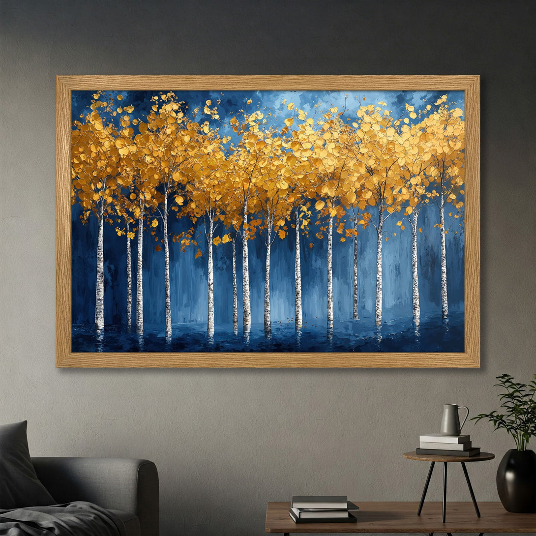 Framed Poster featuring a vibrant autumn landscape with golden leaves and blue background, perfect wall art.
