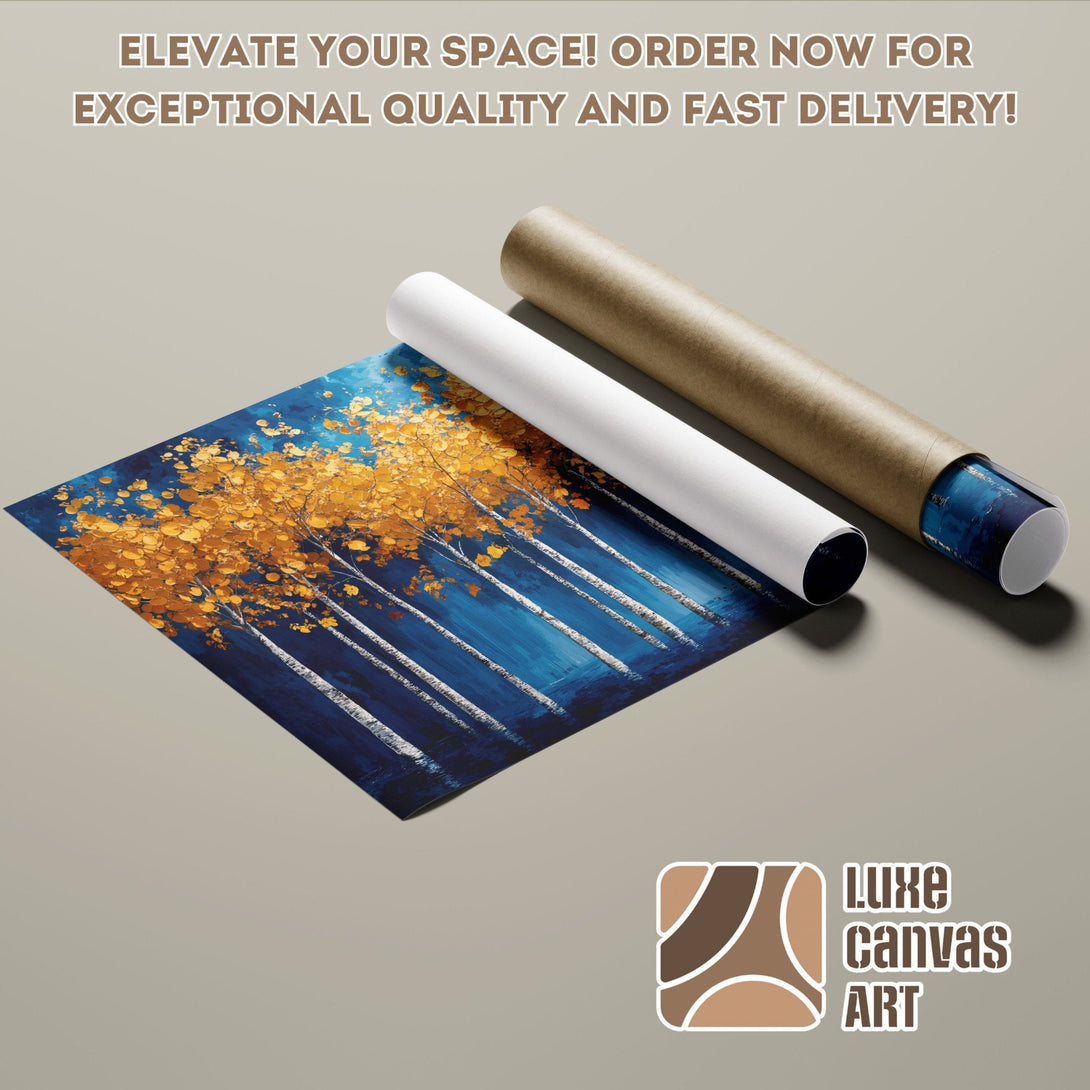 Poster Roll featuring an abstract forest painting with blue and gold colors. Order now!