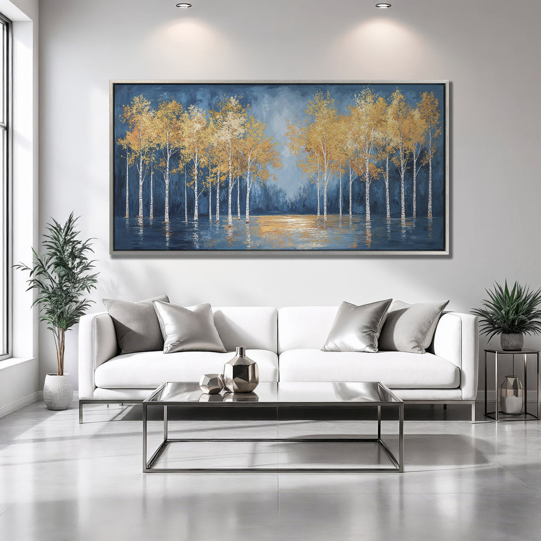 Framed Wall Art: Stunning landscape Canvas Print with golden trees against a blue backdrop. Modern art for home decor, featuring a serene color palette.