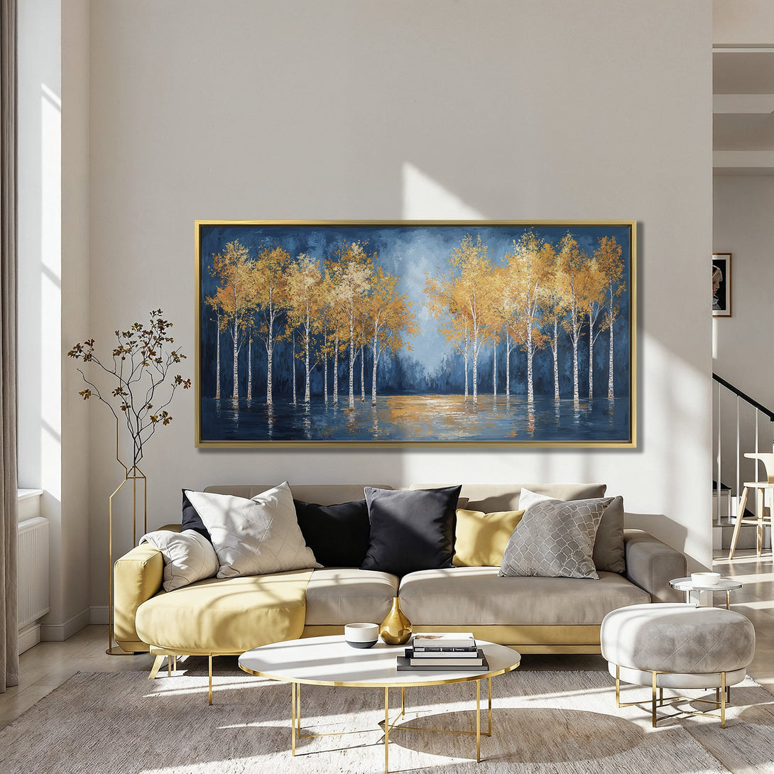 Canvas Print of golden trees in a serene landscape. Blue and gold color palette, perfect for adding a touch of nature to your home.