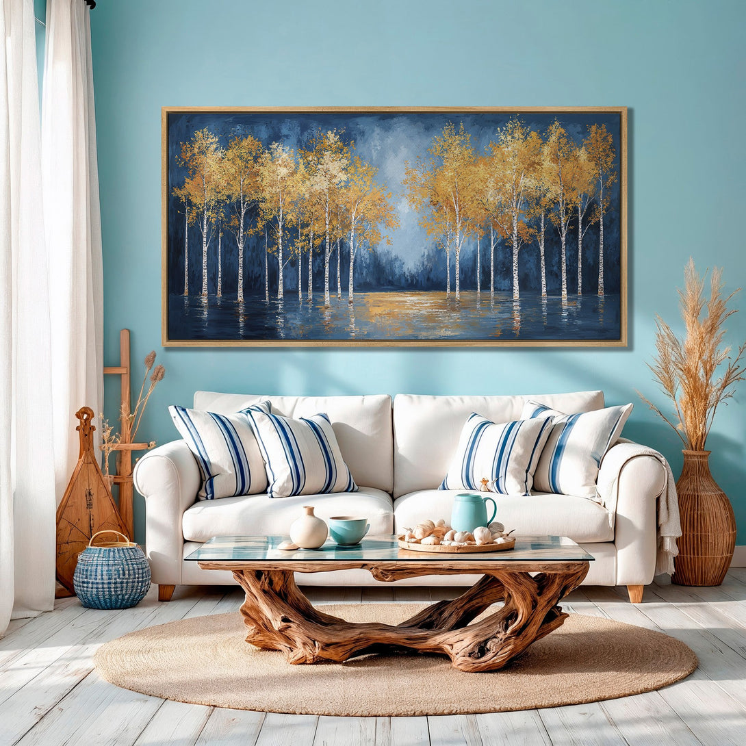 Framed Wall Art: Stunning abstract landscape painting with gold and blue tones. Perfect for adding a touch of nature-inspired elegance to your home decor.