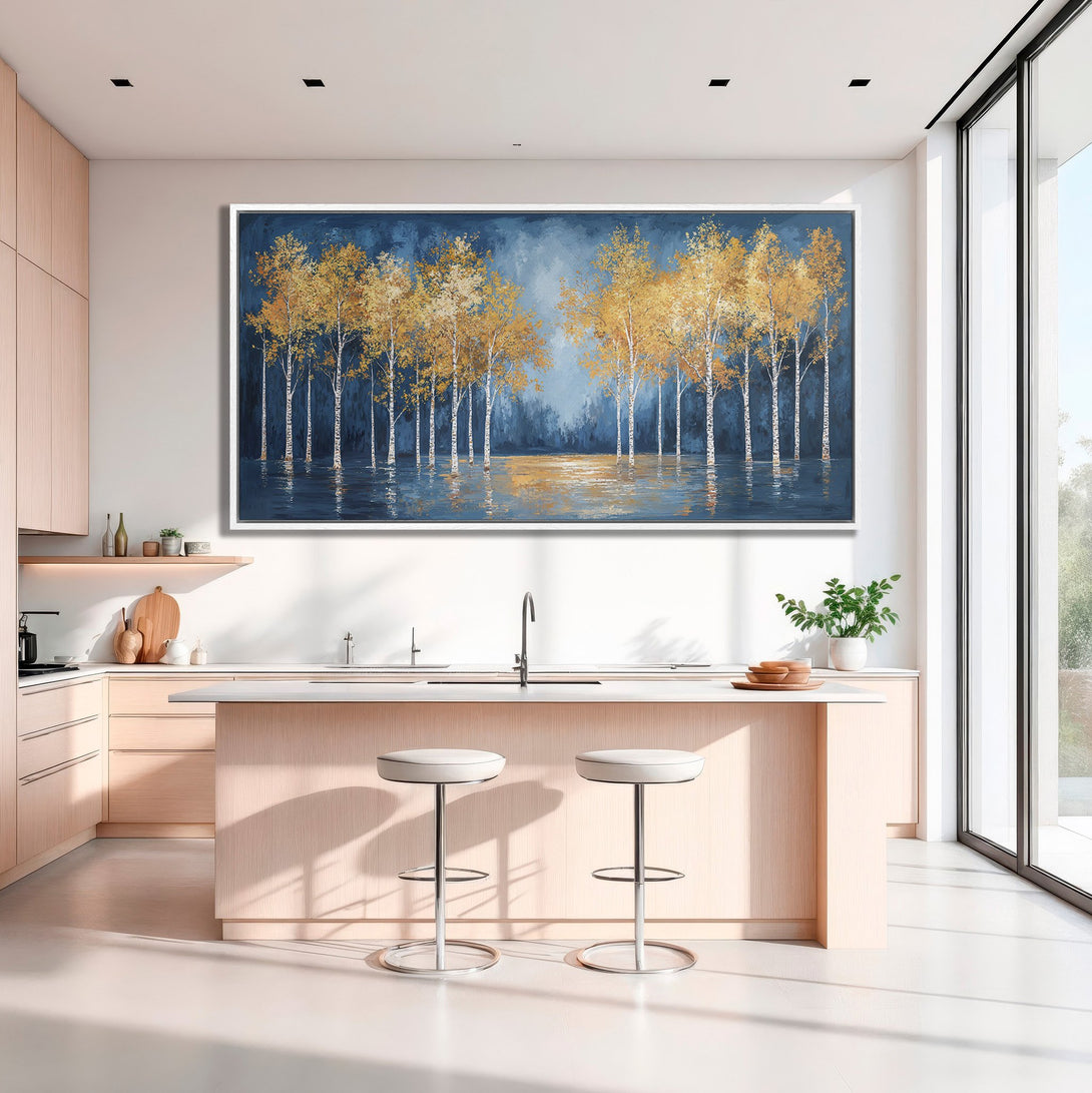 Framed Wall Art: Serene birch tree landscape Canvas Print in blue, gold, and white hues. Perfect for modern kitchen decor.