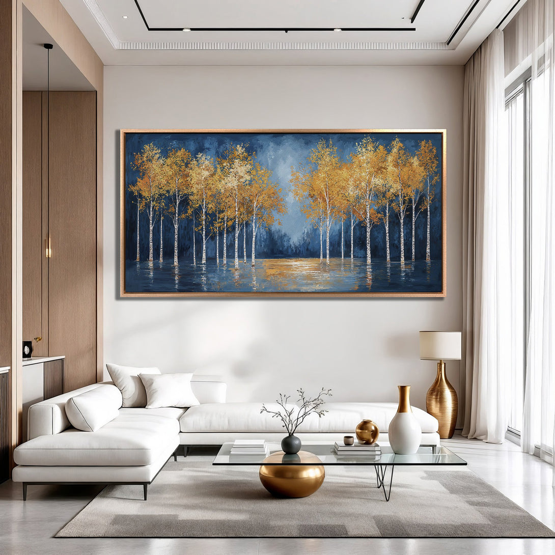 Framed Wall Art: Stunning landscape Canvas Print featuring golden trees against a deep blue backdrop. Perfect for adding a touch of elegance to any space.