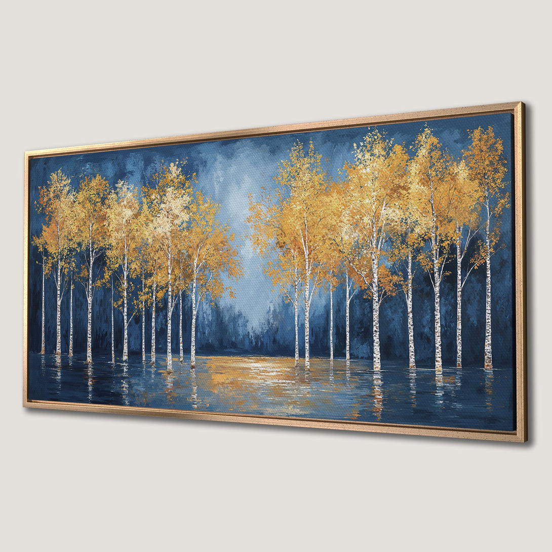 Framed Wall Art: Stunning birch tree landscape painting in blue and gold. Add a touch of nature's beauty to your home decor. Shop now!