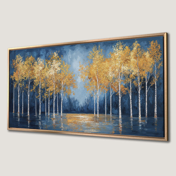 Framed Wall Art: Stunning birch tree landscape painting in blue and gold. Add a touch of nature's beauty to your home decor. Shop now!