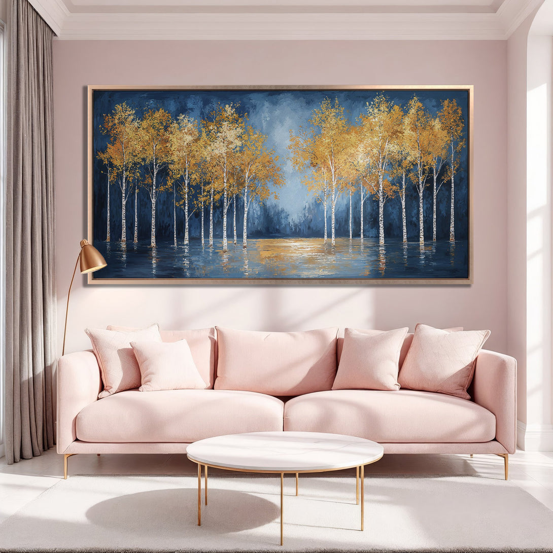 Framed Wall Art featuring a serene forest landscape in gold and blue hues, perfect for adding a touch of elegance to any living space.