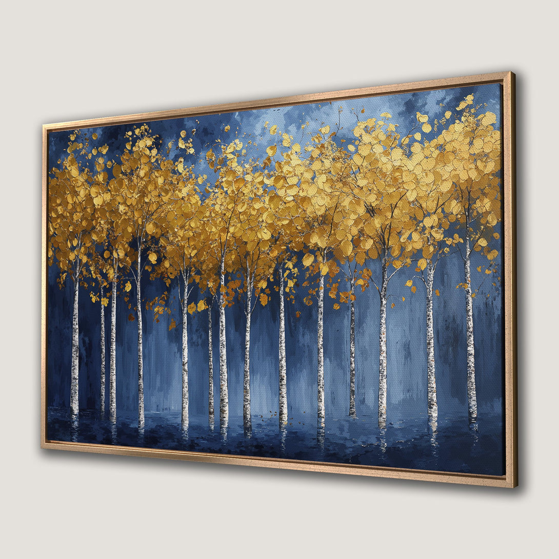 Framed Wall Art: Golden birch trees against a deep blue backdrop. Modern, textured Canvas Print with a touch of elegance for your home decor.