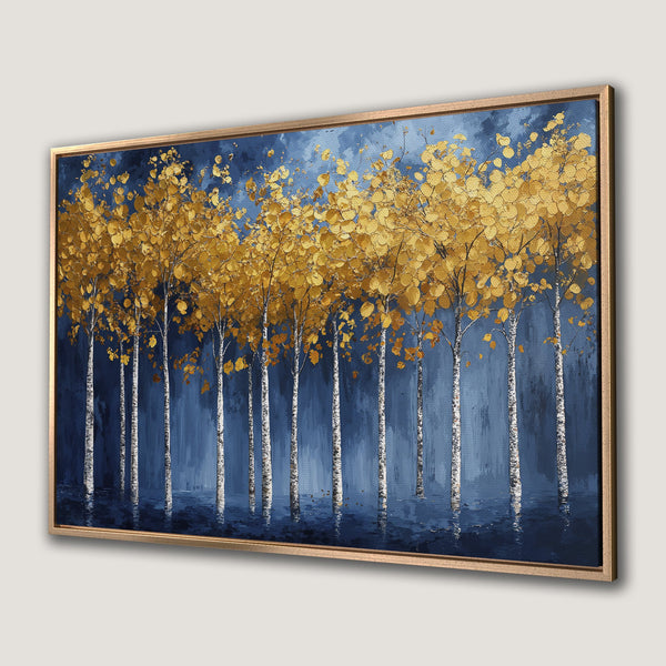 Framed Wall Art: Golden birch trees against a deep blue backdrop. Modern, textured Canvas Print with a touch of elegance for your home decor.
