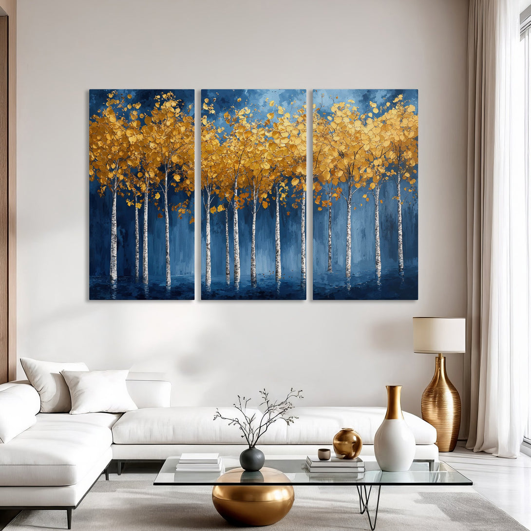 Canvas Print of golden trees against a deep blue backdrop. Modern abstract art with a striking gold and blue color palette. Perfect wall decor.