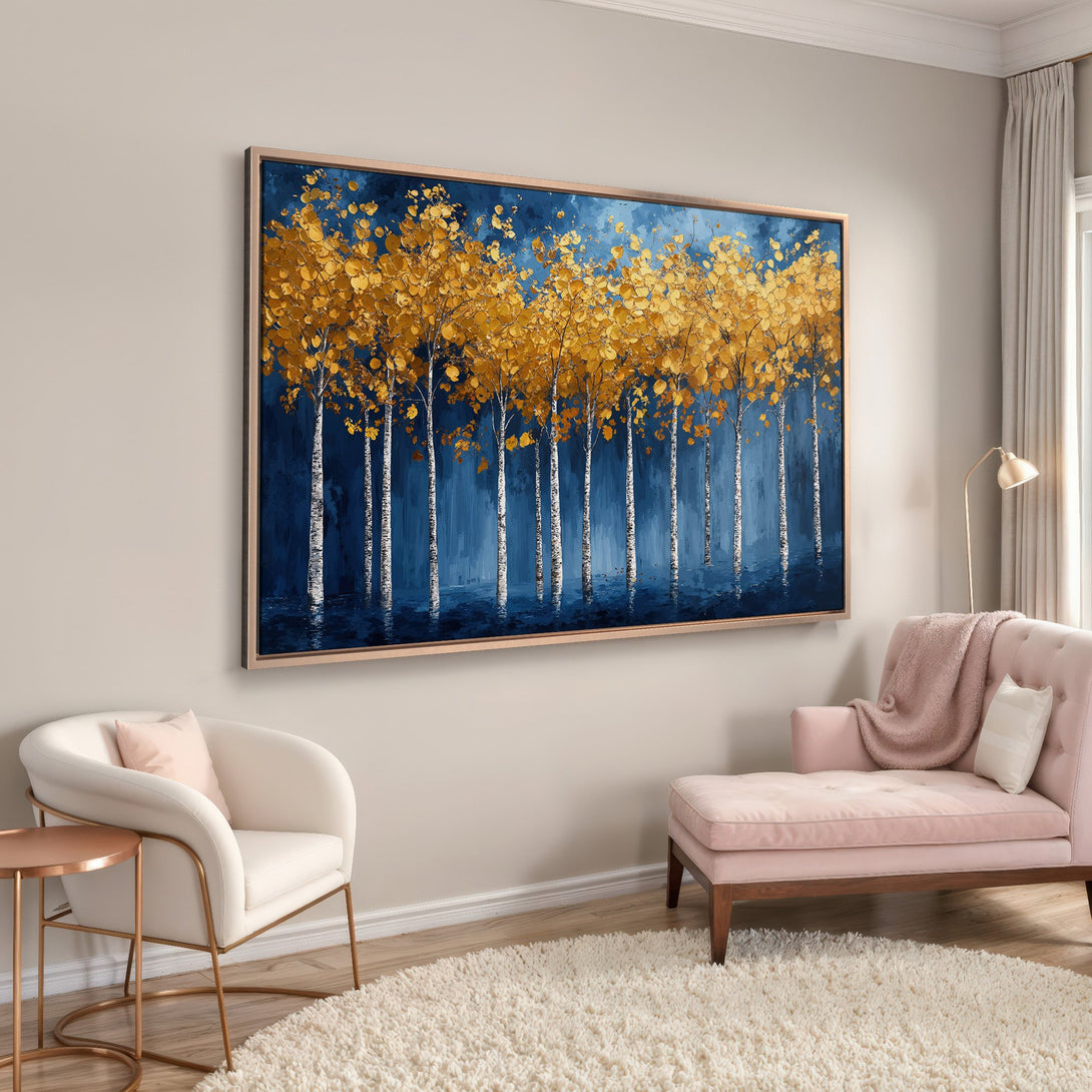 Framed Wall Art: Stunning gold & blue birch tree painting. Modern abstract style. Perfect for living room decor. Add a touch of elegance to your space!