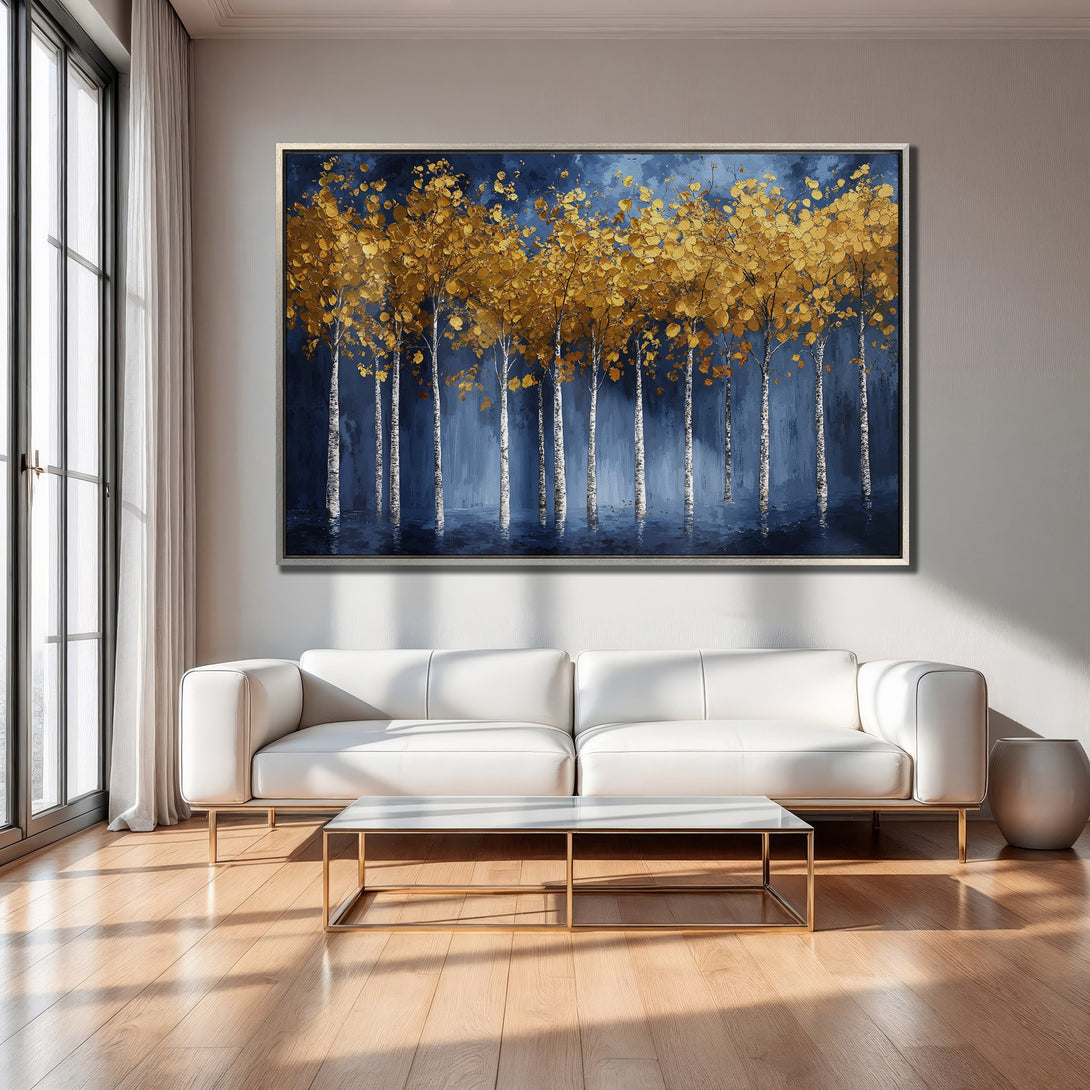 Framed Wall Art: Abstract gold trees against a deep blue backdrop. Modern art canvas print with a sophisticated color palette for home decor.