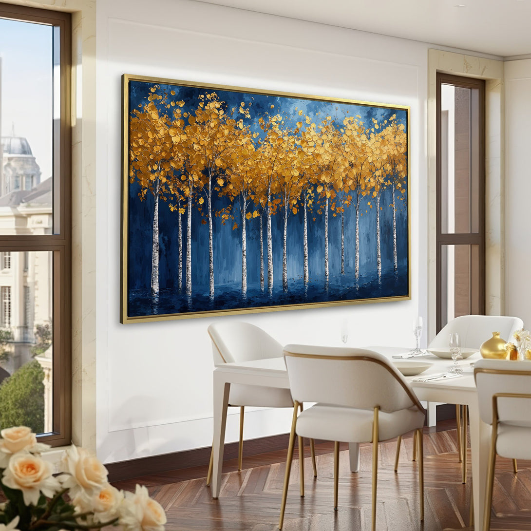 Canvas Print of golden birch trees in a dark blue forest. Modern art with a rich color palette, perfect for home decor.