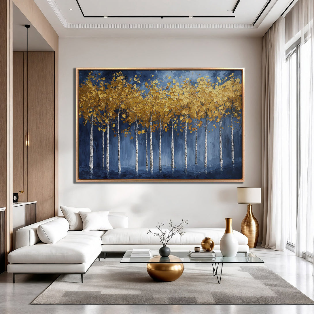 Framed Wall Art: Golden birch trees against a blue backdrop. Modern art with a warm, inviting color palette. Perfect for living room decor.