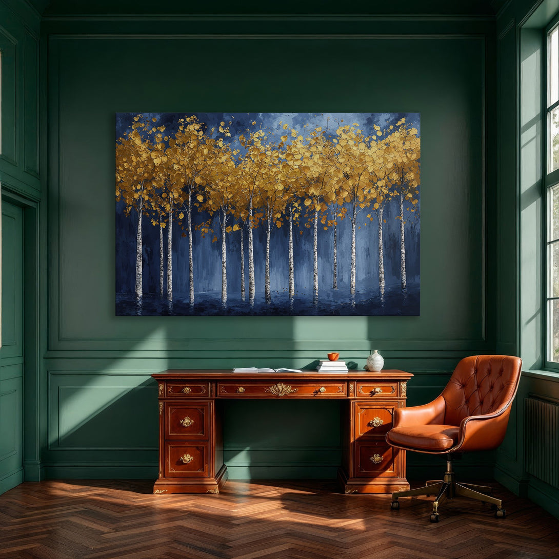 Framed Wall Art: Stunning gold and blue abstract tree painting. Modern art canvas print adds elegance to dining room decor.