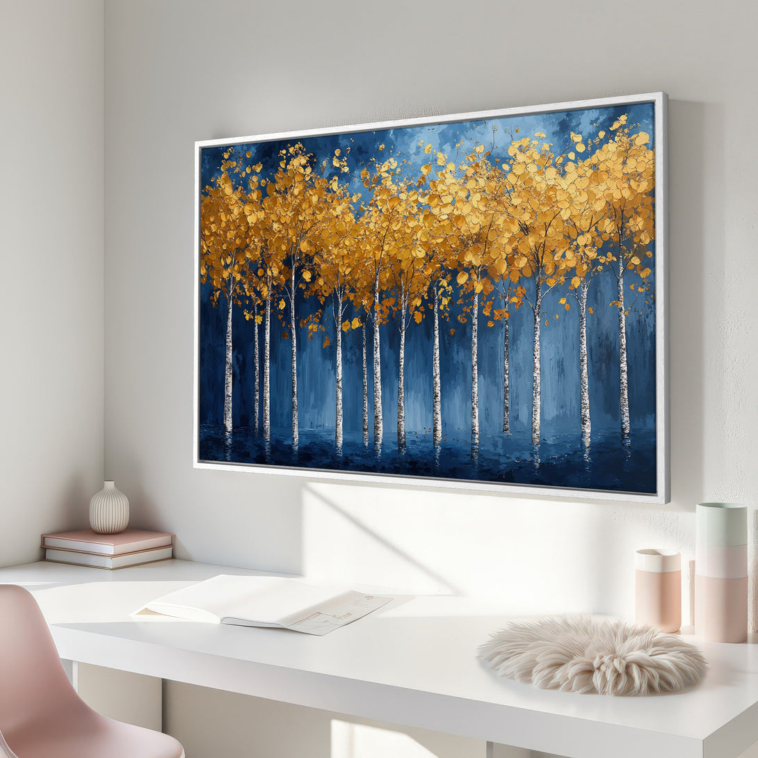 Framed Wall Art: Abstract painting of golden trees against a deep blue background. Modern art for a stylish interior, enhancing any space with its warm hues.