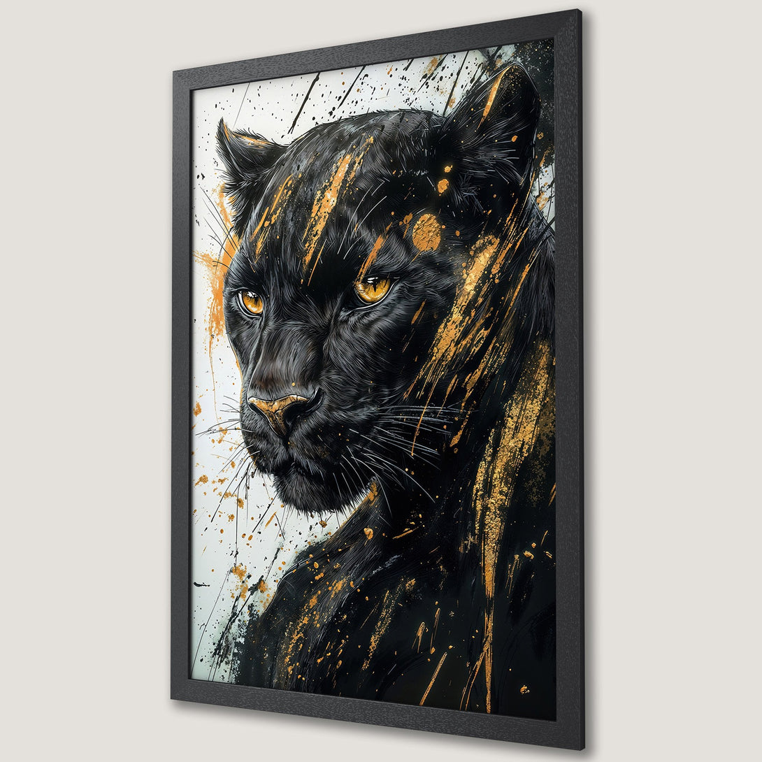 Framed Poster featuring a black panther in an artistic, splash style with black, gold, and white color palette. Perfect wall art!