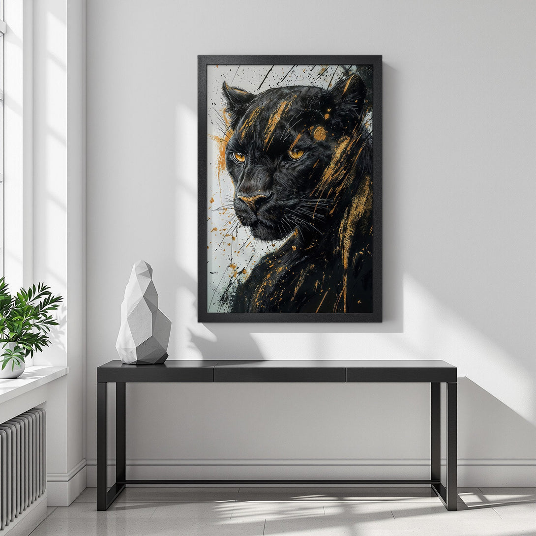 Framed Poster of a black panther with gold accents. Modern art style, striking black and gold color palette for a bold statement.