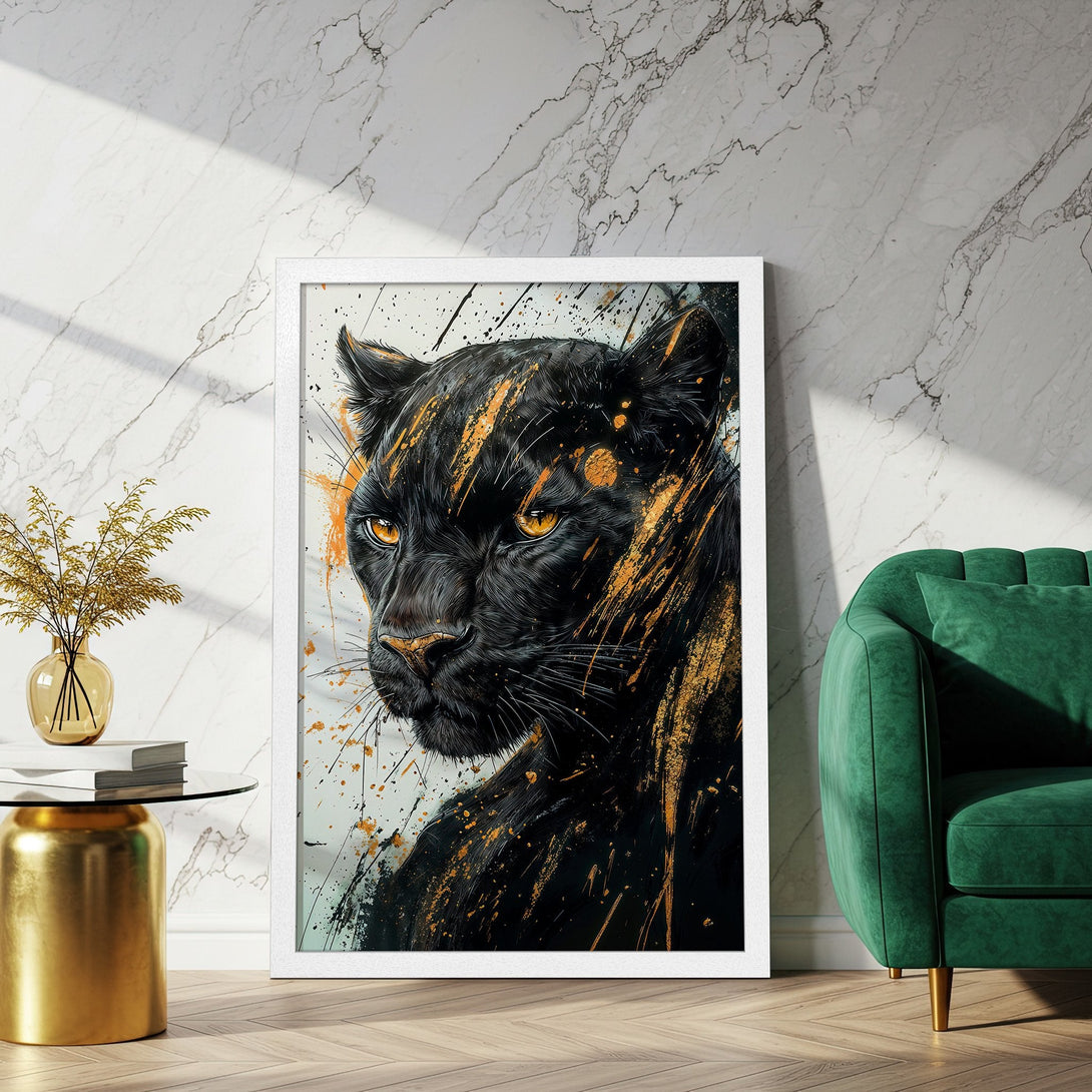 Framed Poster of a black panther in a modern, abstract style with black, gold, and white colors. Add a touch of wild elegance!