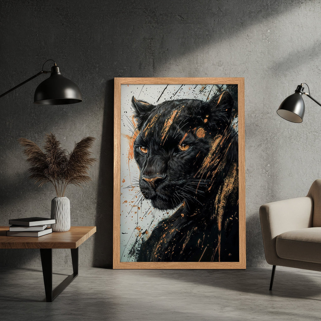 Framed Poster featuring a black panther art print. Modern style with black, gold, and neutral color palette. Perfect wall decor!