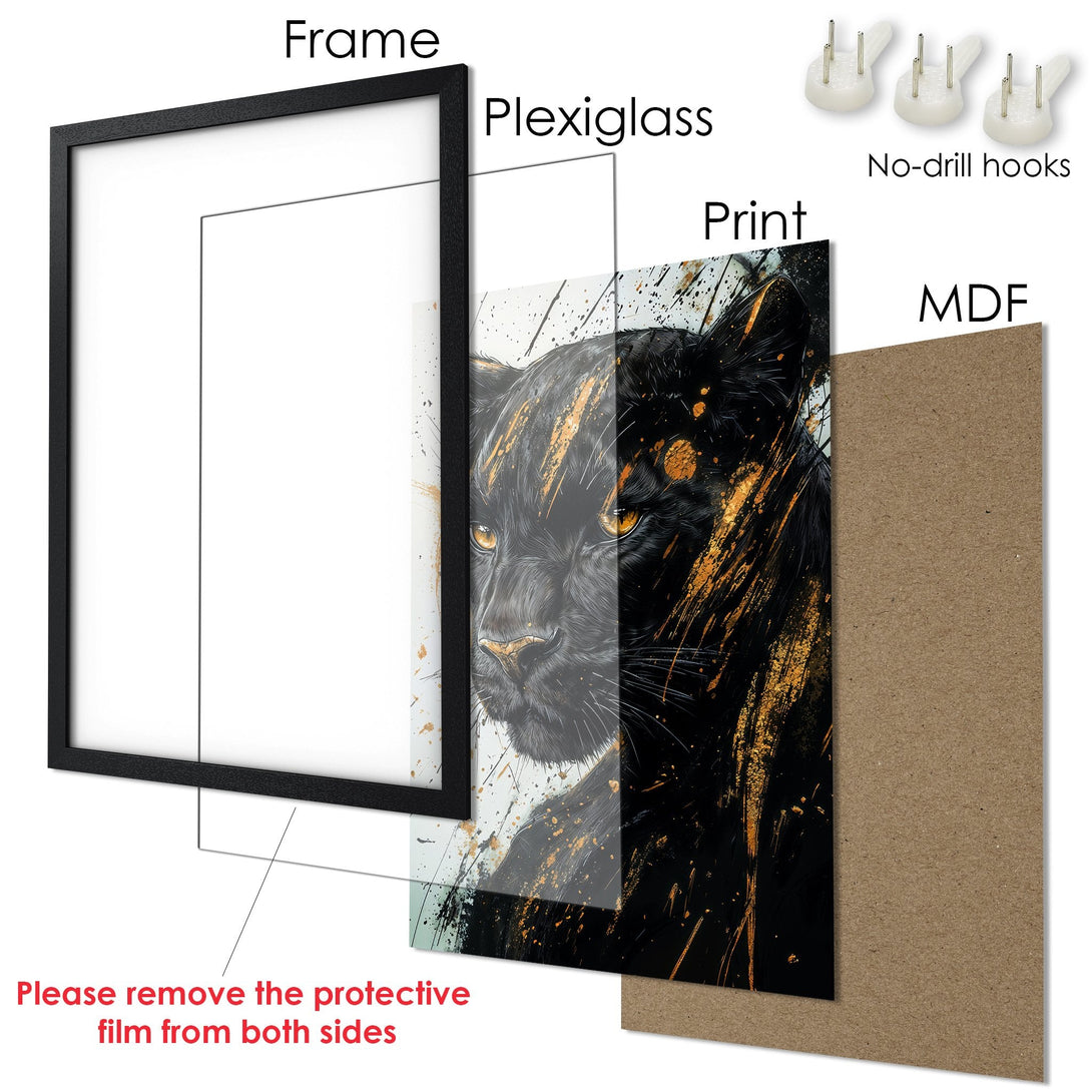 Framed Poster featuring a black panther with gold accents. Modern art style, striking black, white, and gold color palette.