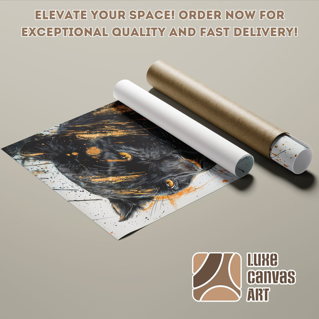Black Panther Poster Roll with gold accents. Modern art style, neutral color palette. Elevate your space!