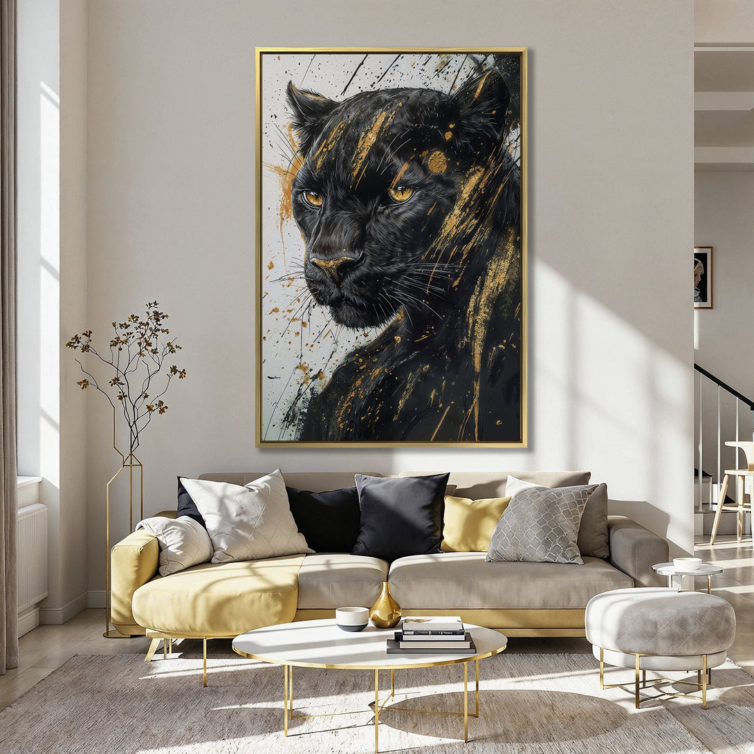 Canvas Print of a black panther with gold accents, modern art style. Dramatic wall decor with a bold color palette.
