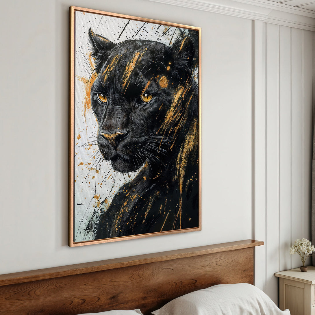 Framed Wall Art: Stunning black panther portrait with gold accents. Modern abstract style, perfect for bedroom decor. Black, gold, and white color palette.