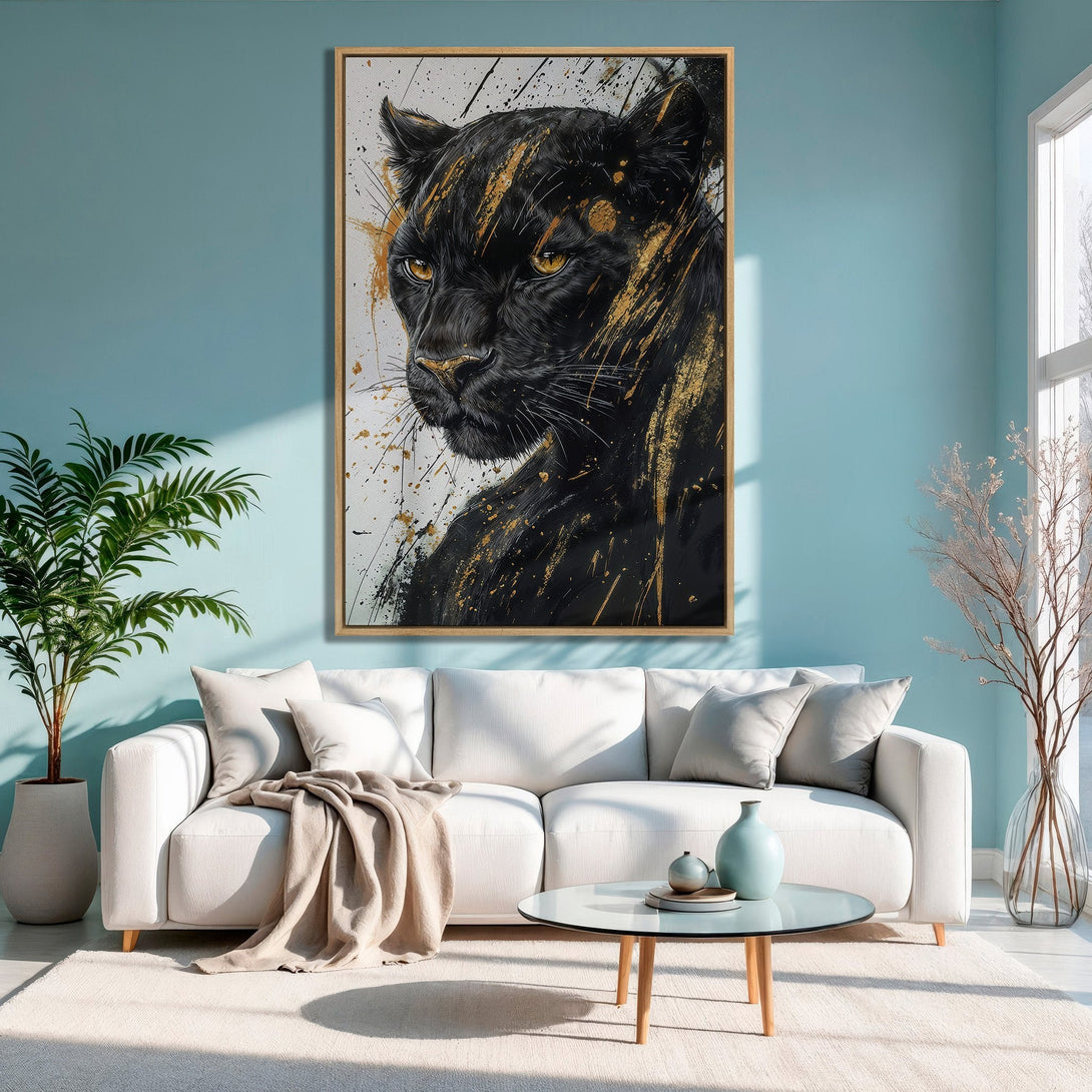 Framed Wall Art: Black panther portrait with gold accents. Modern, abstract style. Stunning wall decor in a neutral and blue interior.