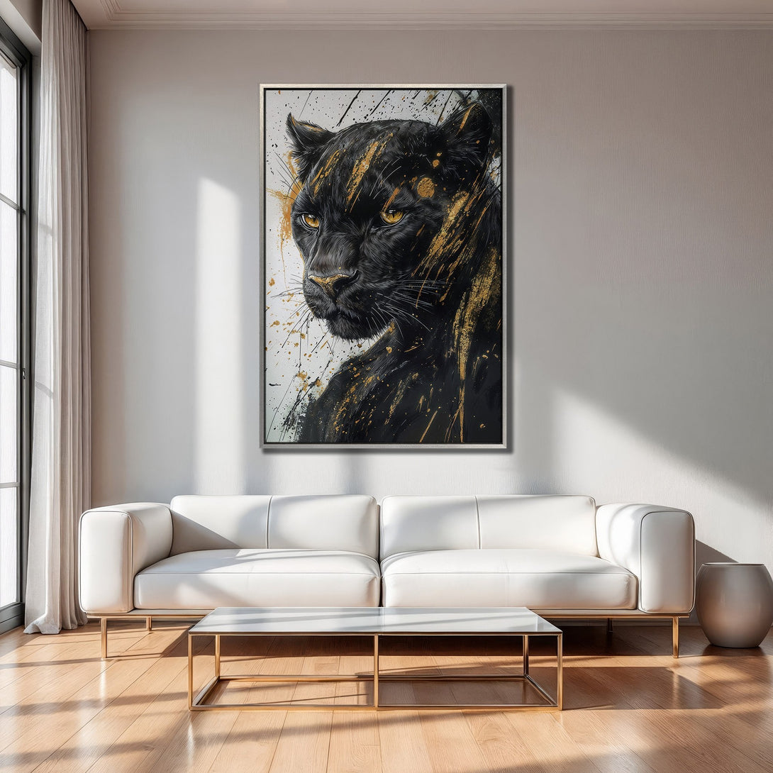 Framed Wall Art: Black panther portrait with gold accents. Modern, abstract style. Adds a touch of luxury to any living room.