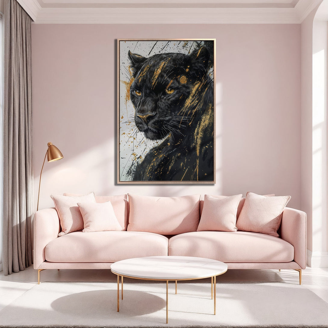 Framed Wall Art: Abstract black panther portrait with gold accents. Modern canvas print in a blush pink and gold interior. Add a touch of luxury!
