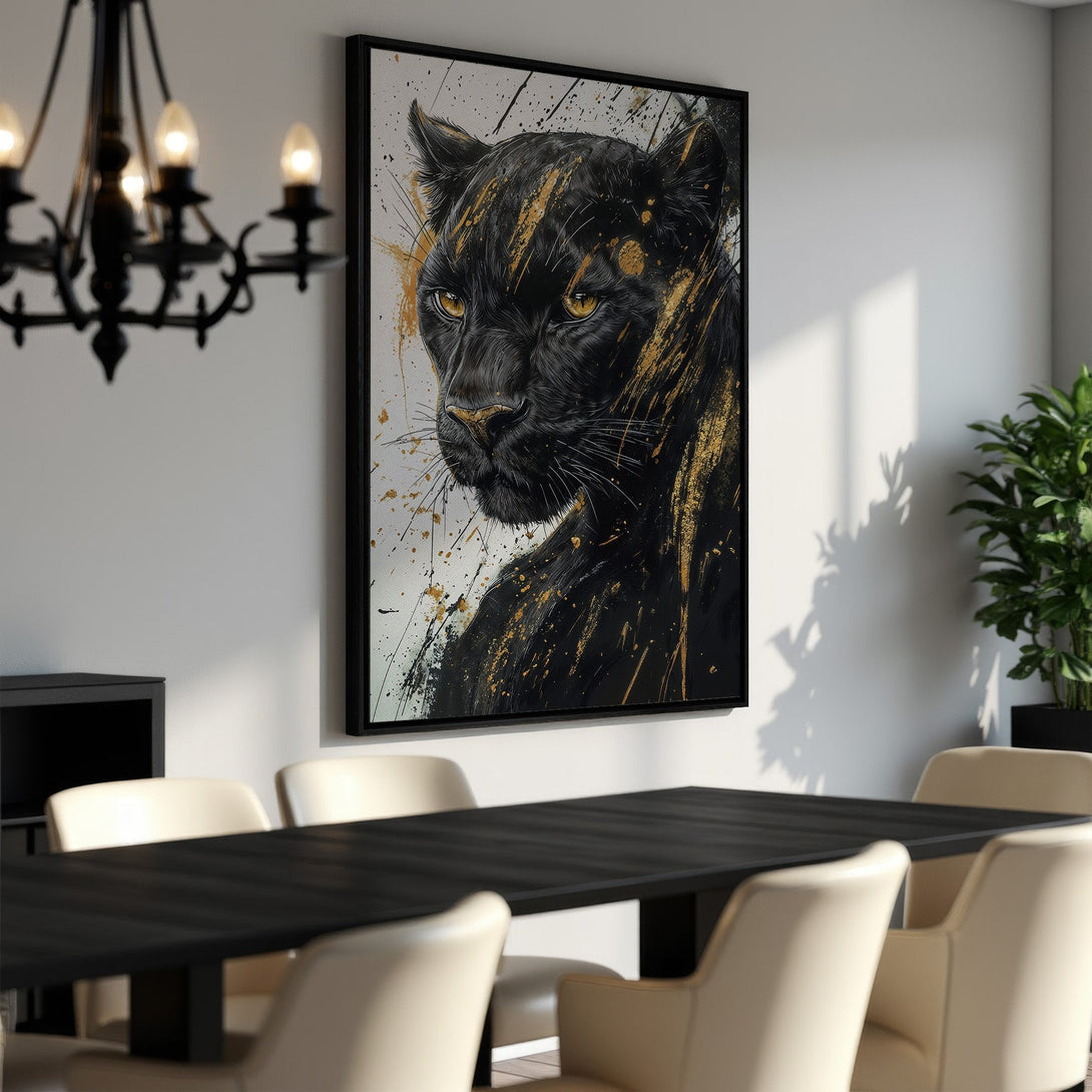Framed Wall Art: Black panther portrait with gold accents. Modern, abstract style. Dramatic black, gold, and white color palette. Perfect for dining room decor.
