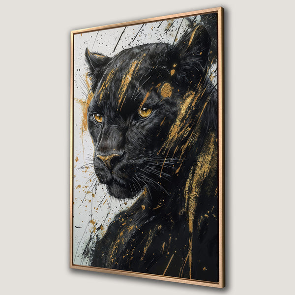 Framed Wall Art featuring a black panther with gold accents. Modern, abstract style with a striking black and gold color palette. Perfect for home decor.
