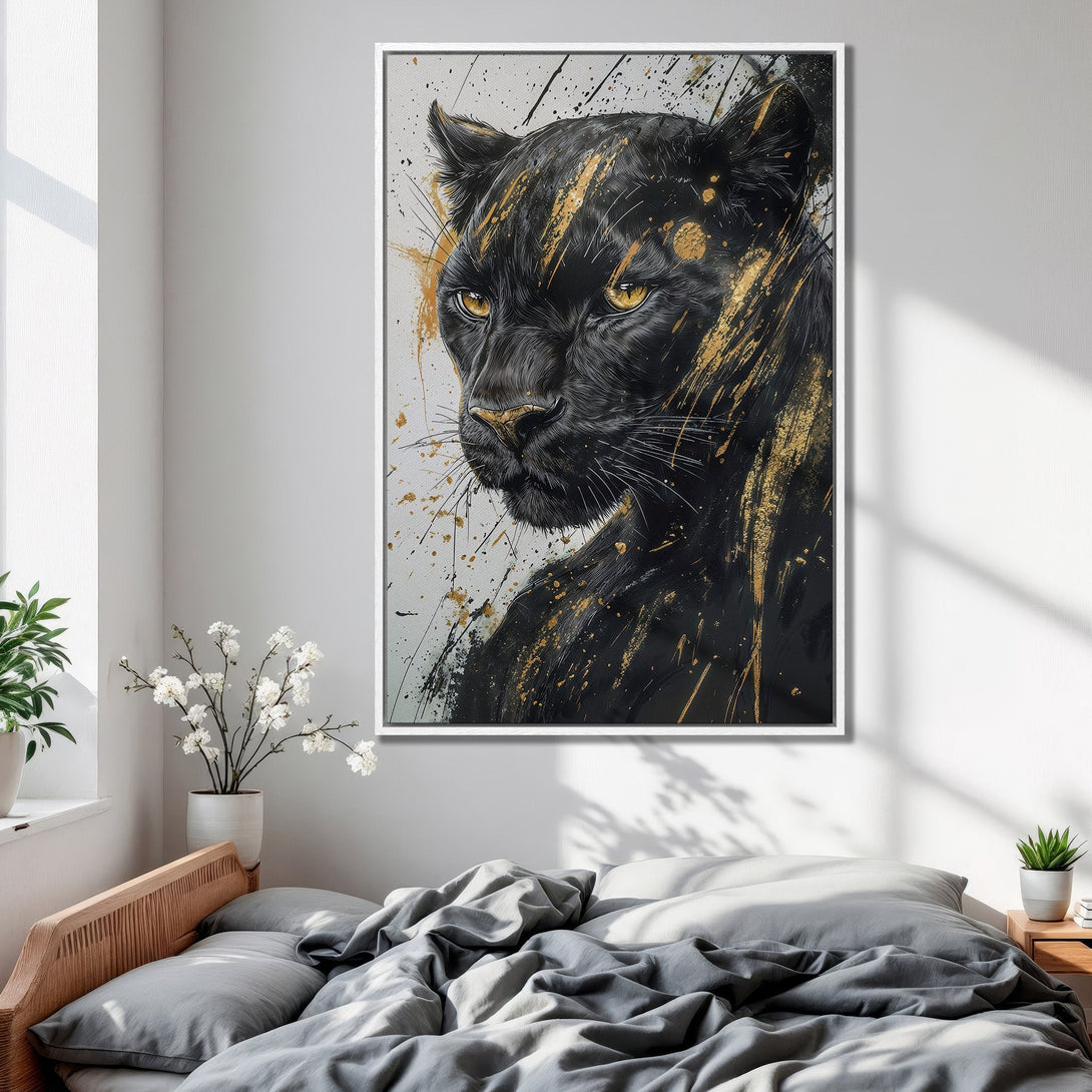 Framed Wall Art: Bold black panther portrait with gold accents. Modern art in a bedroom setting. Featuring a striking black, gold, and white color palette.