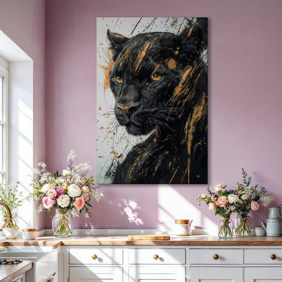 Framed Wall Art: Black panther portrait with gold accents. Modern art canvas print in a living room with a neutral color palette.