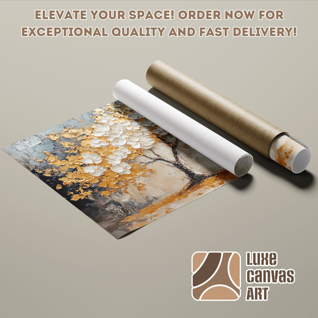 Abstract tree art Poster Roll in gold, white, and grey. Elevate your space!