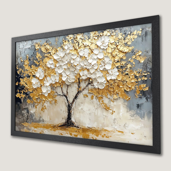 Framed Poster: Textured tree art in gold, white, and gray. Modern abstract style, perfect for any room.