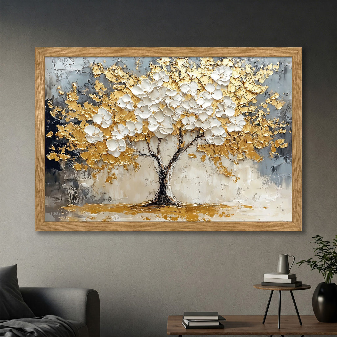 Framed Poster: Textured gold & white tree art print on a gray & neutral background. Modern wall decor.