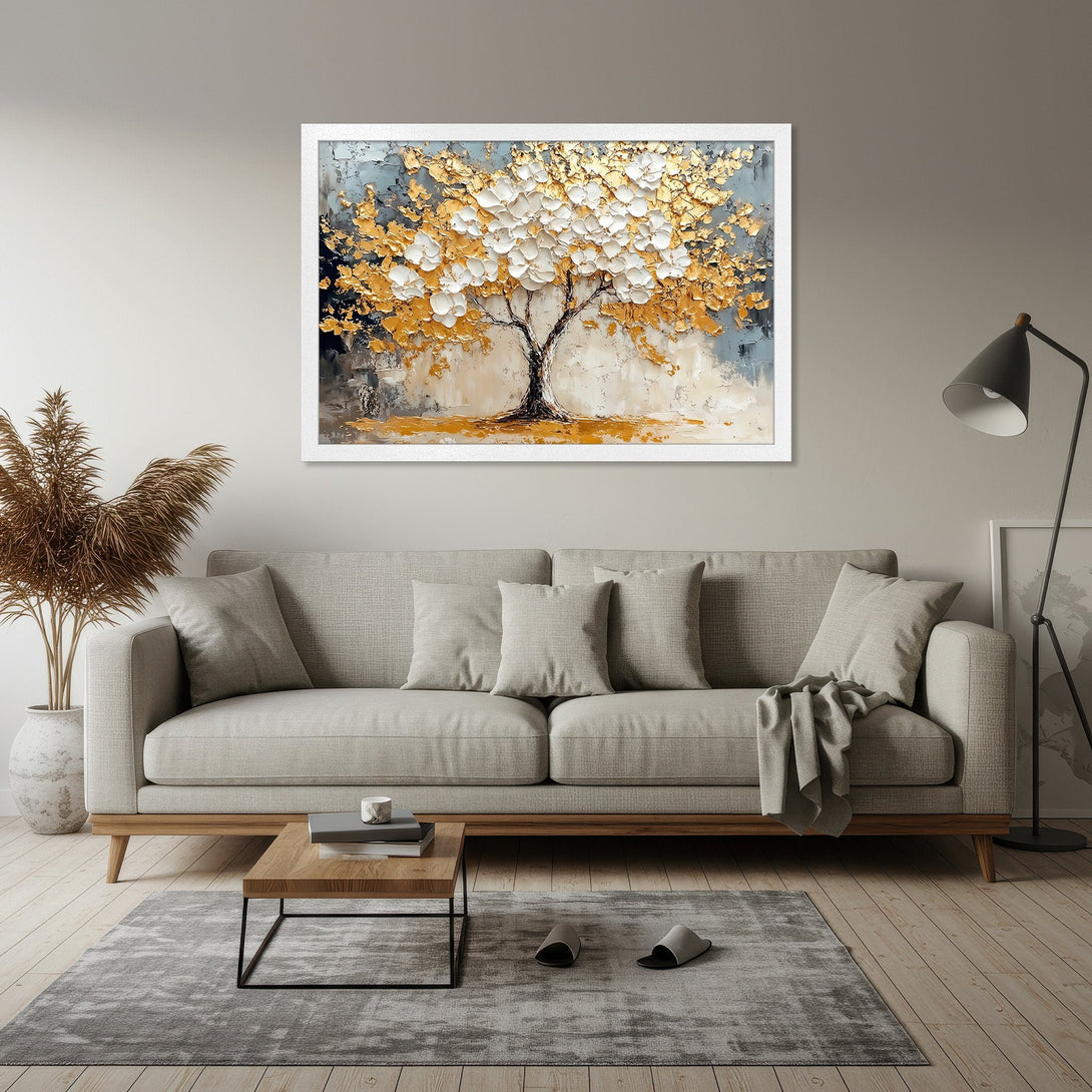 Framed Poster featuring a textured gold and white tree painting. Modern style with a neutral color palette, perfect for home decor.