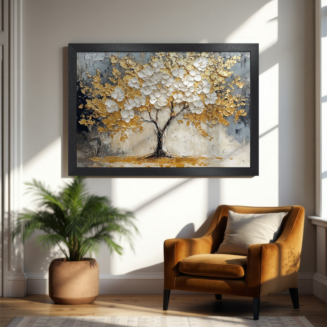 Framed Poster: Abstract gold & white tree art print. Modern style, neutral color palette. Perfect wall decor for living room or bedroom.