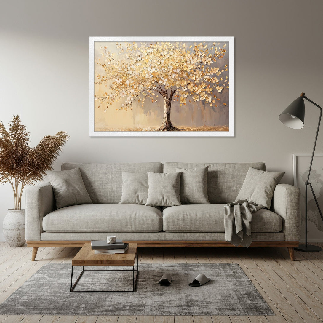 Framed Poster of a golden tree, art print in neutral tones. Perfect for adding a touch of elegance to your living room. Buy this beautiful poster today!