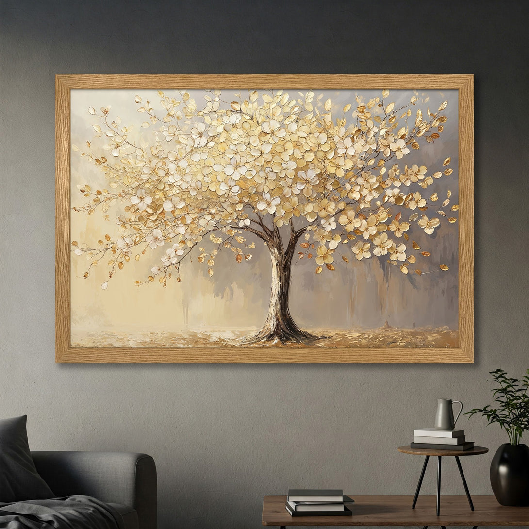 Framed Poster featuring an abstract tree with gold and cream leaves. Warm, neutral color palette for a touch of elegance. Perfect wall art!