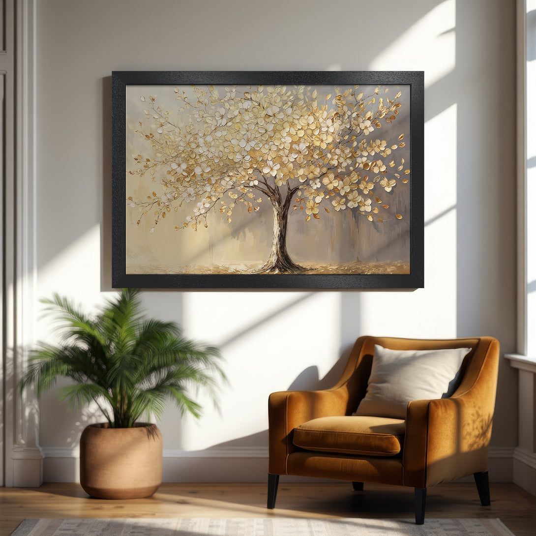 Framed Poster of a golden tree art print. Elegant style, neutral & warm color palette. Perfect for home decor.