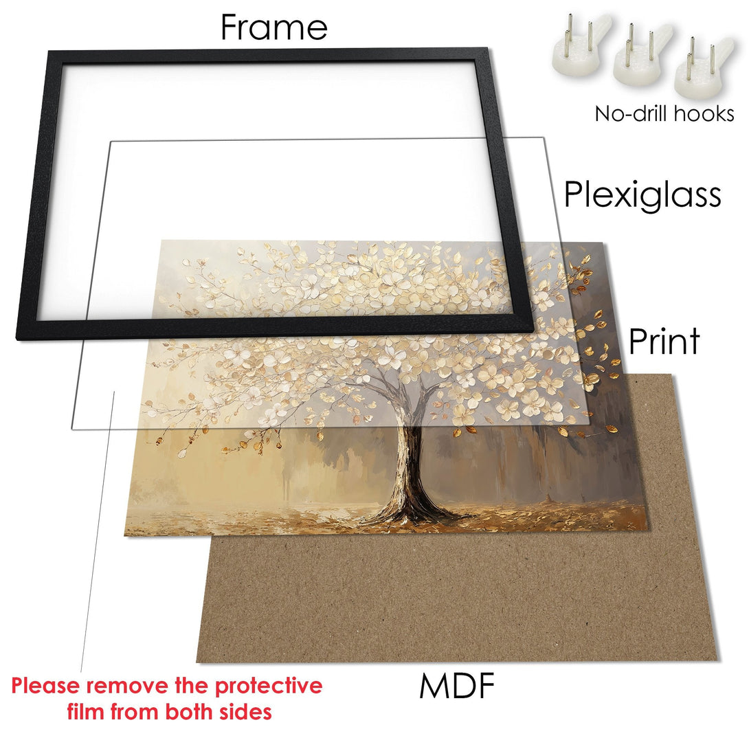 Framed Poster of a tree in a painterly style. Warm gold and brown color palette. Perfect wall art for your home decor.