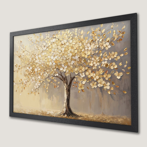 Framed Poster featuring an abstract tree with gold and neutral tones, perfect for modern decor.