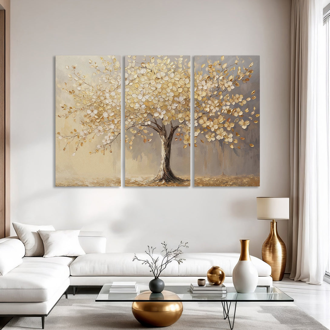 Canvas Print of a golden tree in a modern living room. Abstract art with neutral and gold tones. Perfect wall decor!