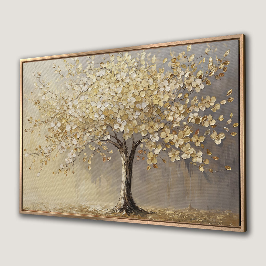 Framed Wall Art: Elegant gold tree painting on canvas. Neutral gray and gold color palette. Perfect for adding sophistication to your home decor.